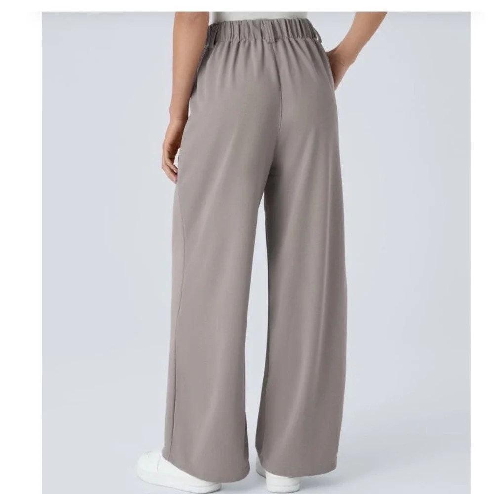 Halara Flex High Waisted Wide Leg Work Pants Taupe Grey Pleated Trousers Medium